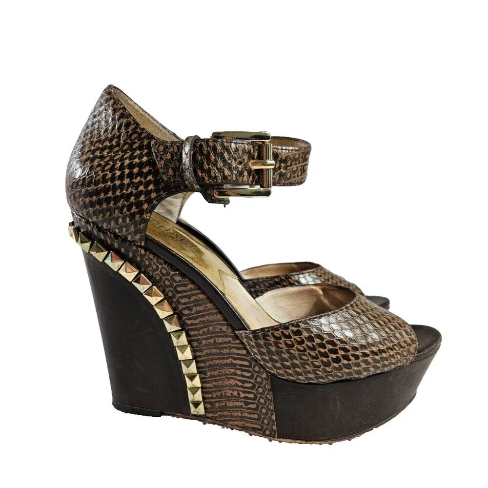 Michael Kors Brown Snake-Embossed Platform Wedge Boots with Gold Studs - Picture 2 of 12